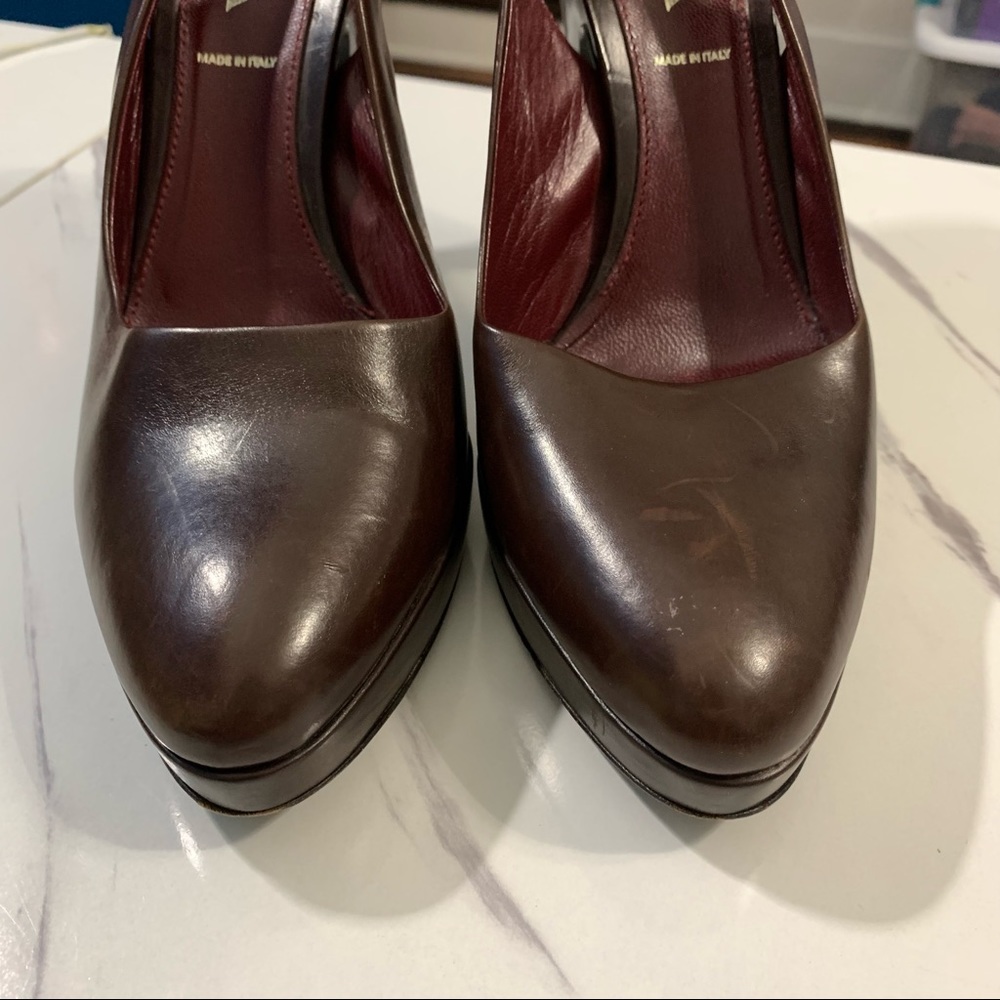PRADA VERO CUOIO Brown Burgundy Leather Platform Pumps High Heels 38 - Picture 6 of 16